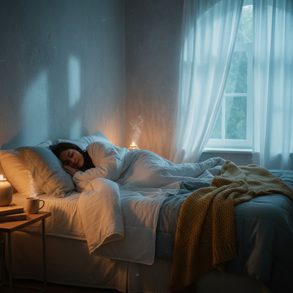 Eine Frau schläft friedlich in einem gemütlichen Bett, das von Kerzenlicht und einer weichen Decke warm beleuchtet wird.