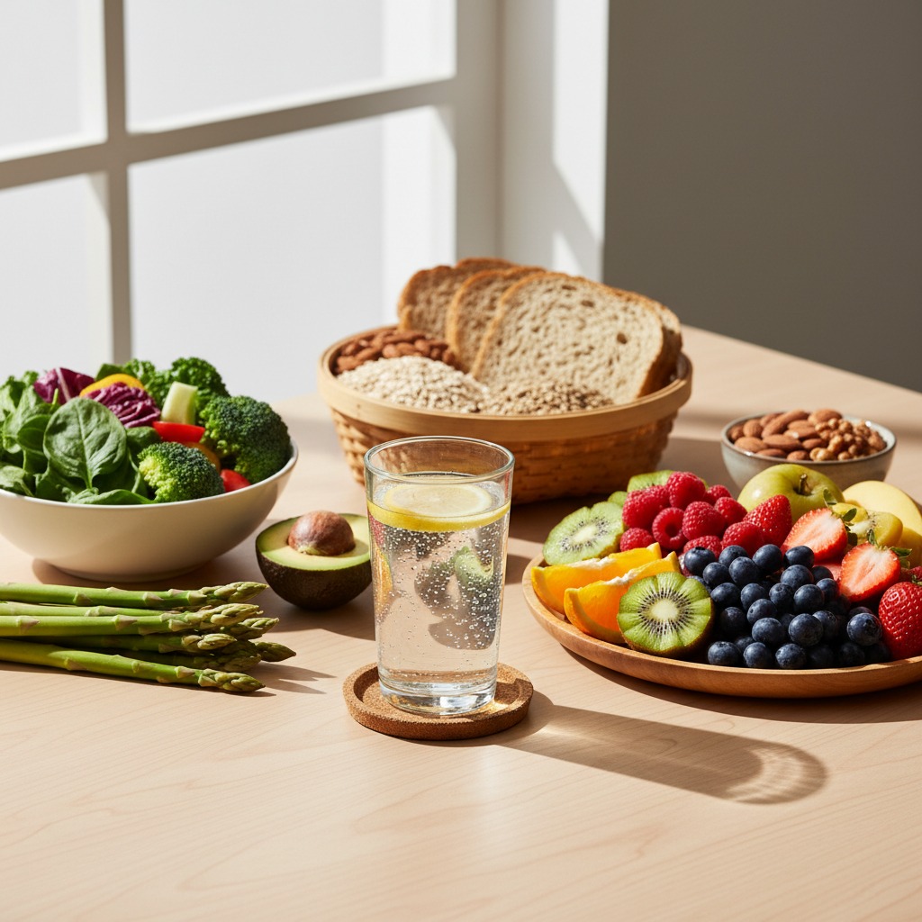 Ein Tisch ist mit frischem Gemüse, Obst, Brot, Nüssen und einem Glas Wasser mit Zitrone gedeckt.